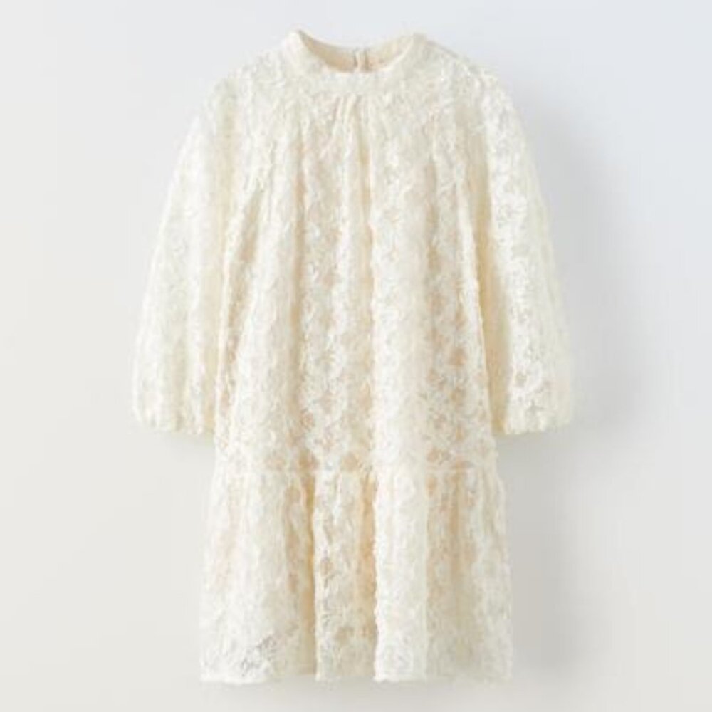 EUC Zara Girls Lace Floral Dress Ecru Ivory Wedding Flower Girl Special Occasion